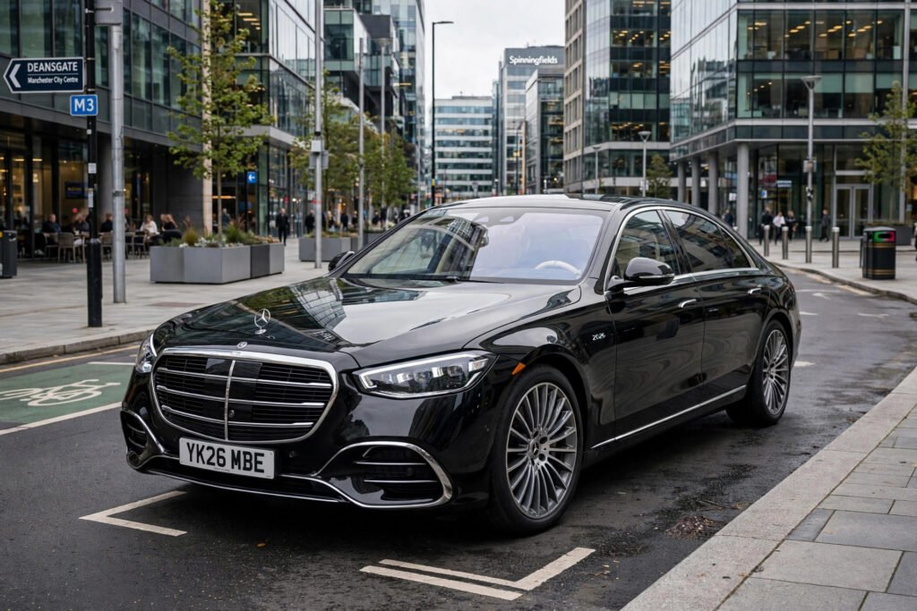 Black 2026 Mercedes-Benz S-Class saloon used for hourly chauffeur hire in Manchester