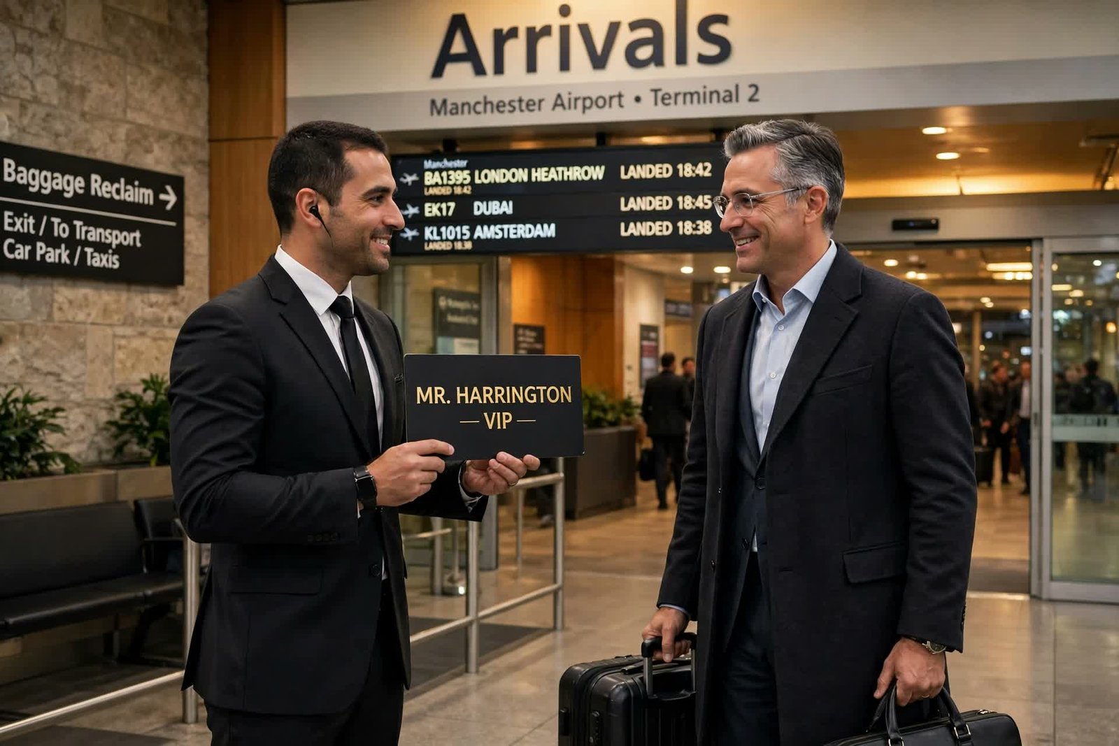 Chauffeur greeting VIP passenger in Manchester Airport arrivals, VIP airport transfer Manchester