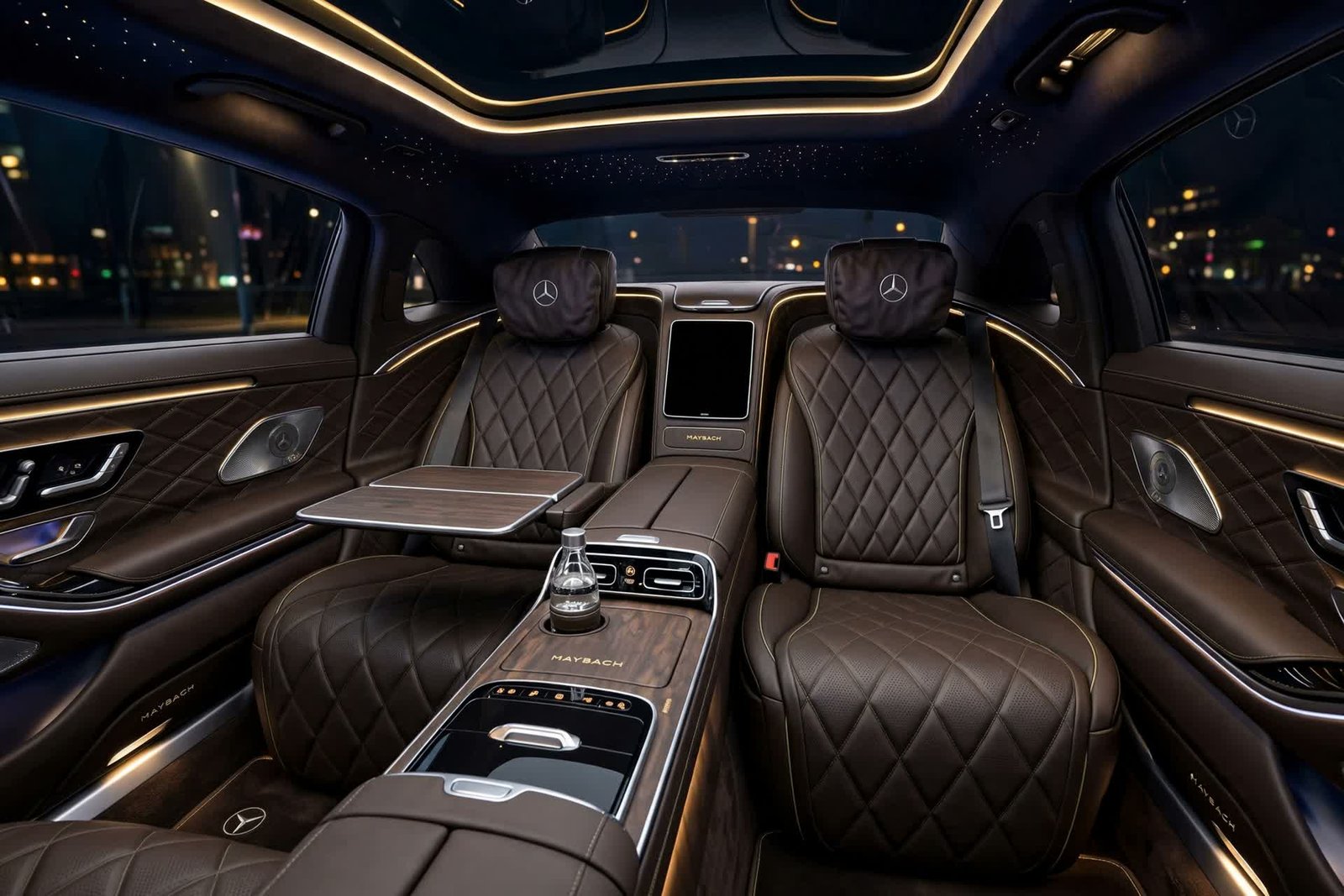 First-class rear cabin of a 2026 Mercedes executive car, first class airport transfer Manchester